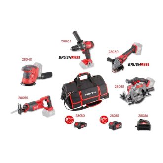   Lev FESTA akkus szett táskával (28002 - ütvefúró-csvarozó, 28030 - sarokcsiszoló(125mm), 28035 - körfűrész, 28040 - excentercsiszoló, 28055 - orrfűrész, 28080 - 2Ah akku, 28081 - 4Ah akku, 28086 - akku töltő 4,0A), 28104