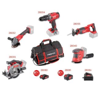   Lev FESTA akkus szett táskával (28004 - ütvefúró-csavarozó, 28032 - sarokcsiszoló(115mm), 28035 - körfűrész, 28040 - excentercsiszoló, 28055 - orrfűrész, 28080 - 2Ah akku, 28081 - 4Ah akku, 28086 - akku töltő 4,0A), 28101