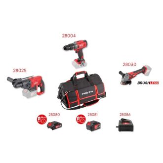   Lev FESTA akkus szett táskával (28004 - ütvefúró-csavarozó, 28025 - fúrókalapács, 28030 - sarokcsiszoló(125mm), 28080 - 2Ah akku, 28081 - 4Ah akku, 28086 - akku töltő 4,0A), 28102