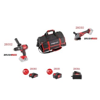   Lev FESTA akkus szett táskával (28002 - ütvefúró-csavarozó, 28030 - sarokcsiszoló(125mm), 28080 - 2Ah akku, 28081 - 4Ah akku, 28086 - akku töltő 4,0A), 28103